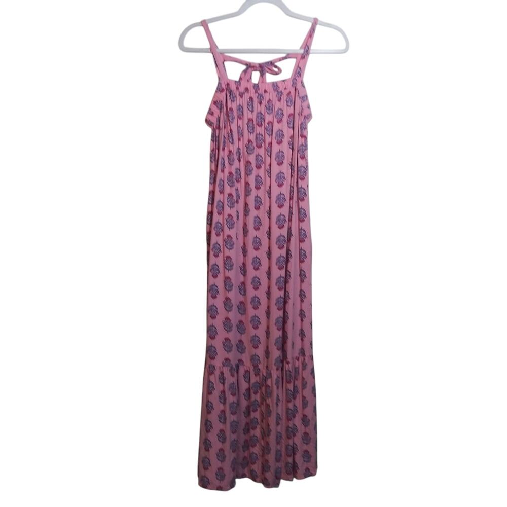 Old Navy Sleeveless Tie-Back Cutout Maxi Swing Pink Posie Dress Boho Size S